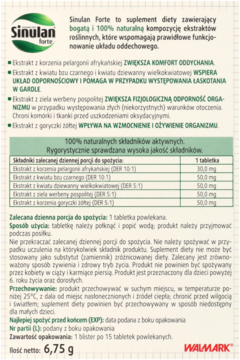 Ulotka Sinulan Forte z polskim tekstem o składzie, dawkowaniu i zastosowaniu, na zielono-białym tle.