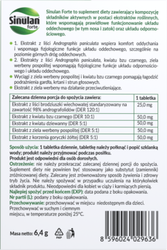 Tył opakowania Sinulan Forte, suplementu diety na drogi oddechowe, z listą składników i kodem kreskowym.
