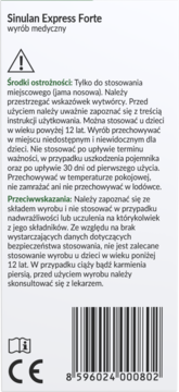 Tył opakowania Sinulan Express Forte, aerozolu do nosa, z polskimi instrukcjami, przeciwwskazaniami i kodem kreskowym.