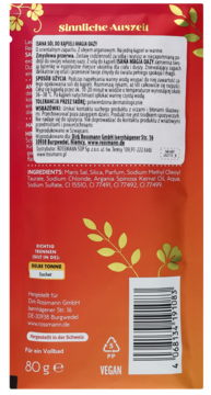 Tył saszetki soli do kąpieli Rossmann, Sinnliche Auszeit, z listą składników i wzorem liści na pomarańczowym tle.