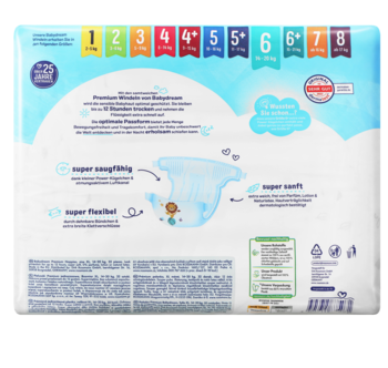 Tył opakowania pieluszek jednorazowych Premium XL (14-20kg), niebieskie z cechami super chłonności i elastyczności, rozpis rozmiarów.