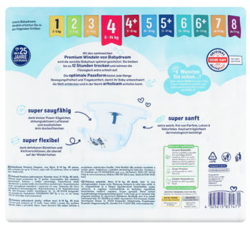 Tył opakowania pieluszek Babydream Premium, rozmiar 4 (8-14 kg), super chłonne i miękkie, z opisem cech.