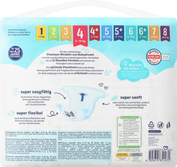 Tył opakowania pieluszek jednorazowych Babydream Premium, rozmiar 4 (8-14 kg), z opisem cech i grafiką.