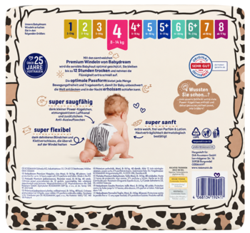 Tył beżowego opakowania pieluszek Premium Babydream, rozmiar 4 (8-14 kg), z grafiką dziecka, info o miękkości i chłonności.