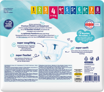 Tył opakowania pieluszek Premium Babydream, rozmiar 4 (8-14 kg) maxi, chłonne i elastyczne.