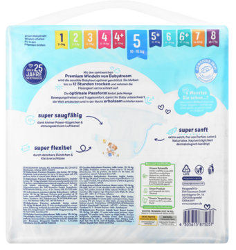 Tył opakowania pieluszek Premium rozmiar 5 (10-16 kg), z cechami: super chłonne, elastyczne, bez zapachu.