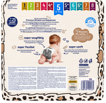 Tył opakowania pieluszek Premium Junior 5 (10-16 kg), super chłonnych, z elastycznymi zapięciami. Widoczny wzór leopardzi.