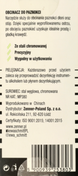 Tył opakowania obcinacza do paznokci wykonanego z chromowanej stali węglowej, z polskim opisem produktu i kodem kreskowym.