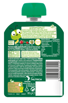 Tył zielonej tubki BoboVita puree owocowego 80g z bananem, truskawką, kiwi, z widocznym składem i tabelą wartości odżywczych.