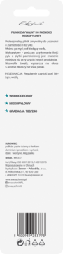 Tył opakowania zmywalnego pilnika do paznokci 180/240, niskopyłowy, wodoodporny, z opisem produktu.