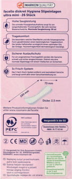 Różowe opakowanie wkładek higienicznych facelle ultra mini 26 szt., tył z opisem cech, wymiarami i certyfikatami.