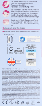 Biało-niebieskie opakowanie wkładek higienicznych Facelle Diskret Ultra Mini, z ikonami cech, wymiarami i certyfikatami.