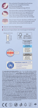 Tył opakowania facelle diskret ultra mini plus wkładek, jasnofioletowy, z danymi: 50ml, 2.5mm, logo Blauer Engel i FSC.