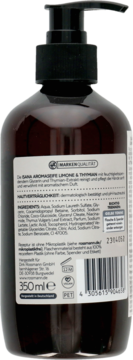 Tył brązowej butelki Isana Mydło Aromatyczne Limonka & Tymianek 350ml z pompką, widoczna etykieta ze składem.