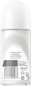 Tył białego antyperspirantu w kulce Hidrofugal Dusch Frische 50ml, z kodem kreskowym i etykietą produktu.