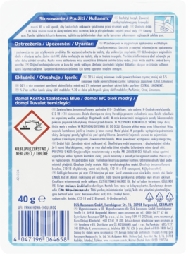 Tył opakowania Domol Zawieszka WC Blue 40g. Widoczne instrukcje, skład, symbole ostrzegawcze i kod EAN.