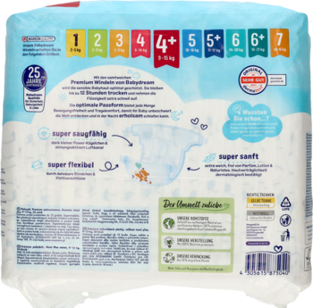 Tył opakowania pieluszek babylove Maxi Plus 9-15kg. Opis cech: super chłonne, elastyczne, miękkie. Rozmiary od 1 do 7.