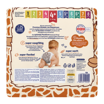 Tył opakowania pieluszek babydream Premium, rozmiar Maxi plus 9-15kg, z grafiką dziecka i opisem cech produktu.