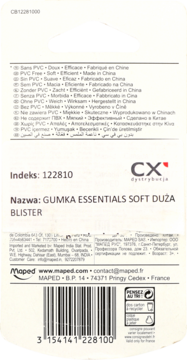 Tył blistra gumki Maped Essentials Soft Duża, miękkiej, bez PVC, z kodem kreskowym i opisami.
