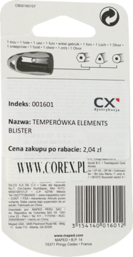 Tył blistra temperówki MAPED Elements, przedstawiający ostrzałkę z dwoma otworami do kredek, widoczne dane producenta.