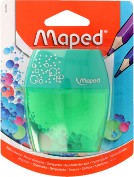 Temperówka Mapped z 2 otworami, jasnozielona transparentna, w blistrze z grafiką kredek i bąbelków.