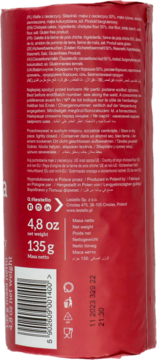 Tył czerwonego opakowania wafli z ciecierzycy Lestello, widoczne informacje o masie 135g i kod kreskowy.