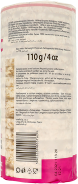 Tył cylindrycznego opakowania bezglutenowych Lestello BIO wafli ryżowych, 110g, kod kreskowy i data ważności.