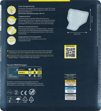 Ciemny tył opakowania wkładek Facelle Men Level 2, szczegóły produktu, ikony funkcji i QR kod.