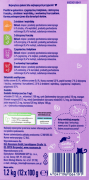 Tył fioletowego opakowania karmy mokrej Winston dla dorosłych kotów 1,2kg, z opisem smaków i składników.