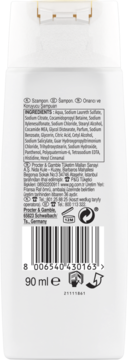 Tył białego opakowania szamponu Pantene Intensive Repair 90ml, z widoczną listą składników i kodem kreskowym.