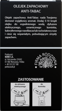Ciemna etykieta olejku Anti-Tabac z białym tekstem, instrukcją użycia i schematami dla dyfuzora/kominka.