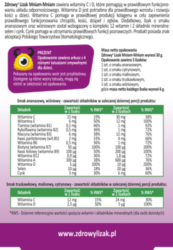 Etykieta Zdrowy Lizak Mniam-Mniam: szczegółowa tabela składników, witaminy C i D, smaki owocowe, prezent tatuaże.