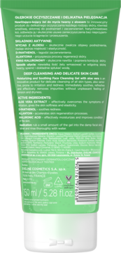 Tył zielonej tubki nawilżająco-kojącego żelu do mycia twarzy z aloesem, widoczne szczegóły tekstu i pojemność 150ml.