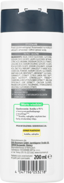 Tył białej butelki szamponu z aktywnym węglem i melisą, 200ml. Widoczna lista składników.