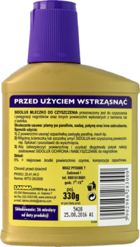 Tył złotej butelki Sidolux Mleczko do czyszczenia nagrobków, z fioletową nakrętką i instrukcją użycia.