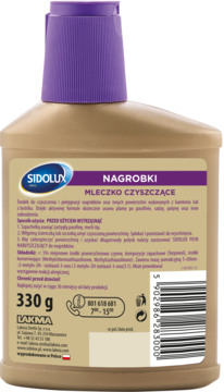 Tył brązowej butelki mleczka czyszczącego Sidolux Nagrobki z fioletową nakrętką, widoczny opis i kod.