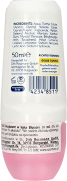 Tył białego dezodorantu w kulce Blossom 50ml, z listą składników, kodem kreskowym i informacją o braku soli aluminium.