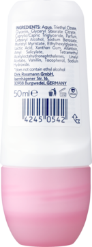 Tył różowego dezodorantu w kulce ISANA Blossom z widoczną listą składników i kodem kreskowym.