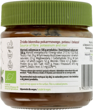 Tył słoika ekologicznego kremu orzechowo-czekoladowego z wegańską etykietą i wartościami odżywczymi.