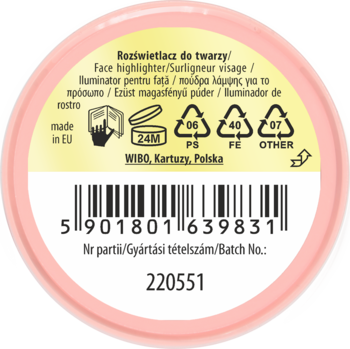 Tył różowego opakowania rozświetlacza do twarzy, z kodem kreskowym, symbolami recyklingu i batch number.