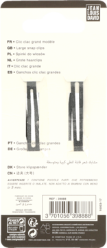 Tył opakowania czarnych spinek do włosów Jean Louis David, widoczne dwie spinki i kod kreskowy produktu.