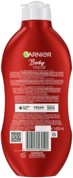 Tył czerwonej butelki Garnier Body Repair Regenerujące Mleczko do Ciała 400ml z certyfikatami i kodem kreskowym.
