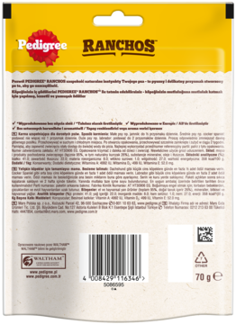 Tył opakowania Pedigree Ranchos, przysmaki dla psa z kurczakiem, 70g. Żółto-biała torebka, kod i skład.