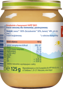 Tył słoiczka HiPP BIO Brzoskwinie z bananami dla niemowląt, z etykietą wartości odżywczych i wagą 125g.