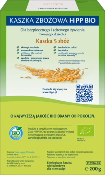 Tył zielonego opakowania bezmlecznej kaszki HiPP BIO 5 zbóż 200g dla niemowląt, z opisem cech.
