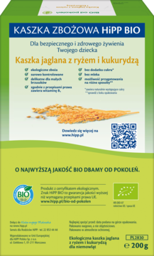 Tył zielonego opakowania kaszki zbożowej HiPP BIO dla dzieci, jaglana z ryżem i kukurydzą, z polskim opisem.