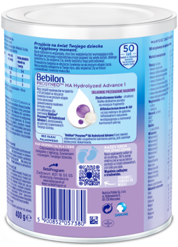 Tył fioletowej puszki Bebilon PROSYNEO HA Hydrolyzed Advance 1, mleko początkowe, z tekstem i QR kodem.