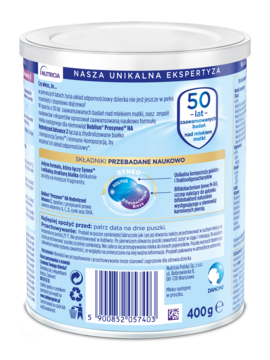 Tył opakowania mleka następnego Nutricia 400g dla niemowląt, biało-niebieskie, z opisem składu i kodem kreskowym.