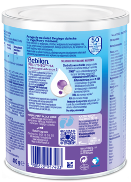 Tył fioletowej puszki mleka następnego Bebilon PROSYNEO HA 2 dla niemowląt po 6. miesiącu, z kodem kreskowym.