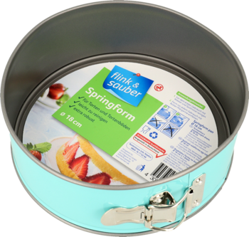 Niebieska tortownica Springform  18 cm Flink & sauber, widok z g3ry na wnętrze z etykietą.